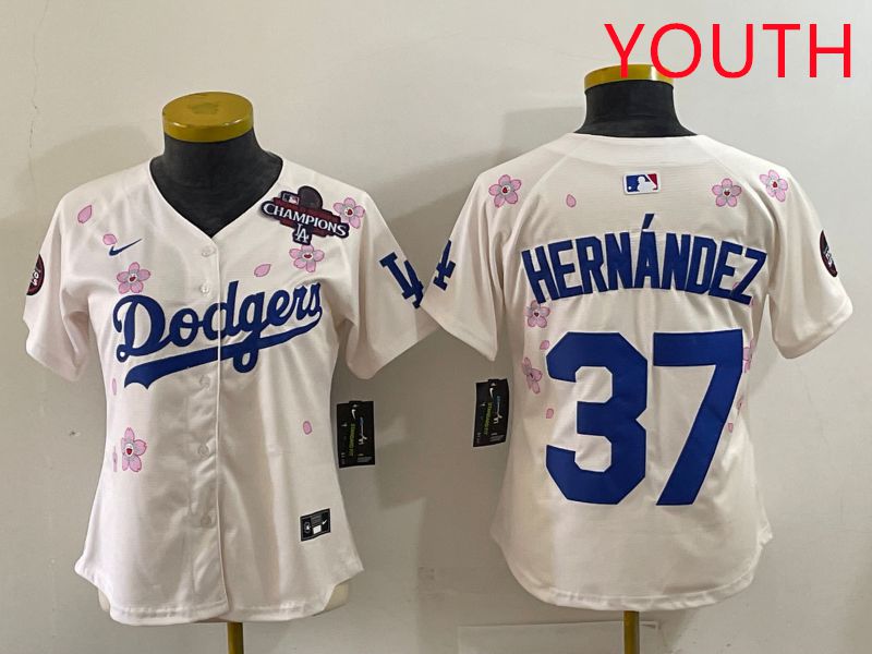 Youth Los Angeles Dodgers #37 Hernandez Cream Sakura Edition 2025 Nike MLB Jersey style 37->youth mlb jersey->Youth Jersey
